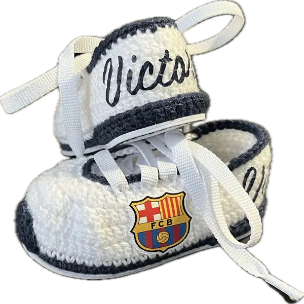 Patucos de fútbol para bebé del equipo de Barcelona (azul marino) de ganchillo personalizados