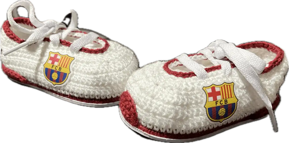 Patucos de fútbol para bebé del equipo de Barcelona (detalles en granate) de ganchillo personalizado - Imagen 4