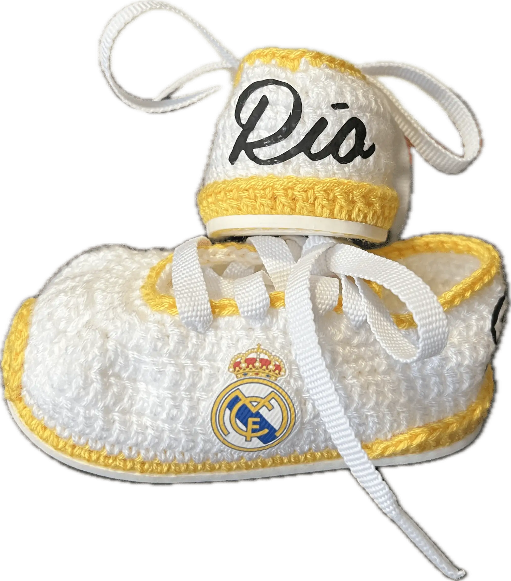 Patucos de Fútbol para bebé del equipo de los Blancos de Madrid (detalles en amarillo) personalizado - Imagen 4
