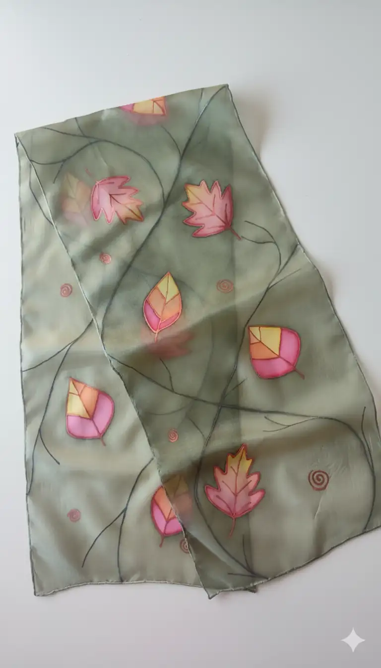 Pañuelo de seda pintado a mano con hojas otoñales en tonos verdes y rosados - Imagen 4