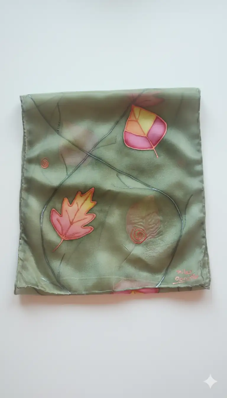 Pañuelo de seda pintado a mano con hojas otoñales en tonos verdes y rosados - Imagen 5