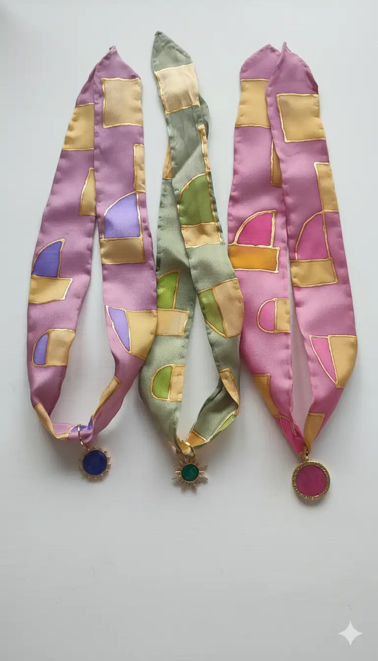 Collar con cinta de seda pintada y colgante chapado en oro