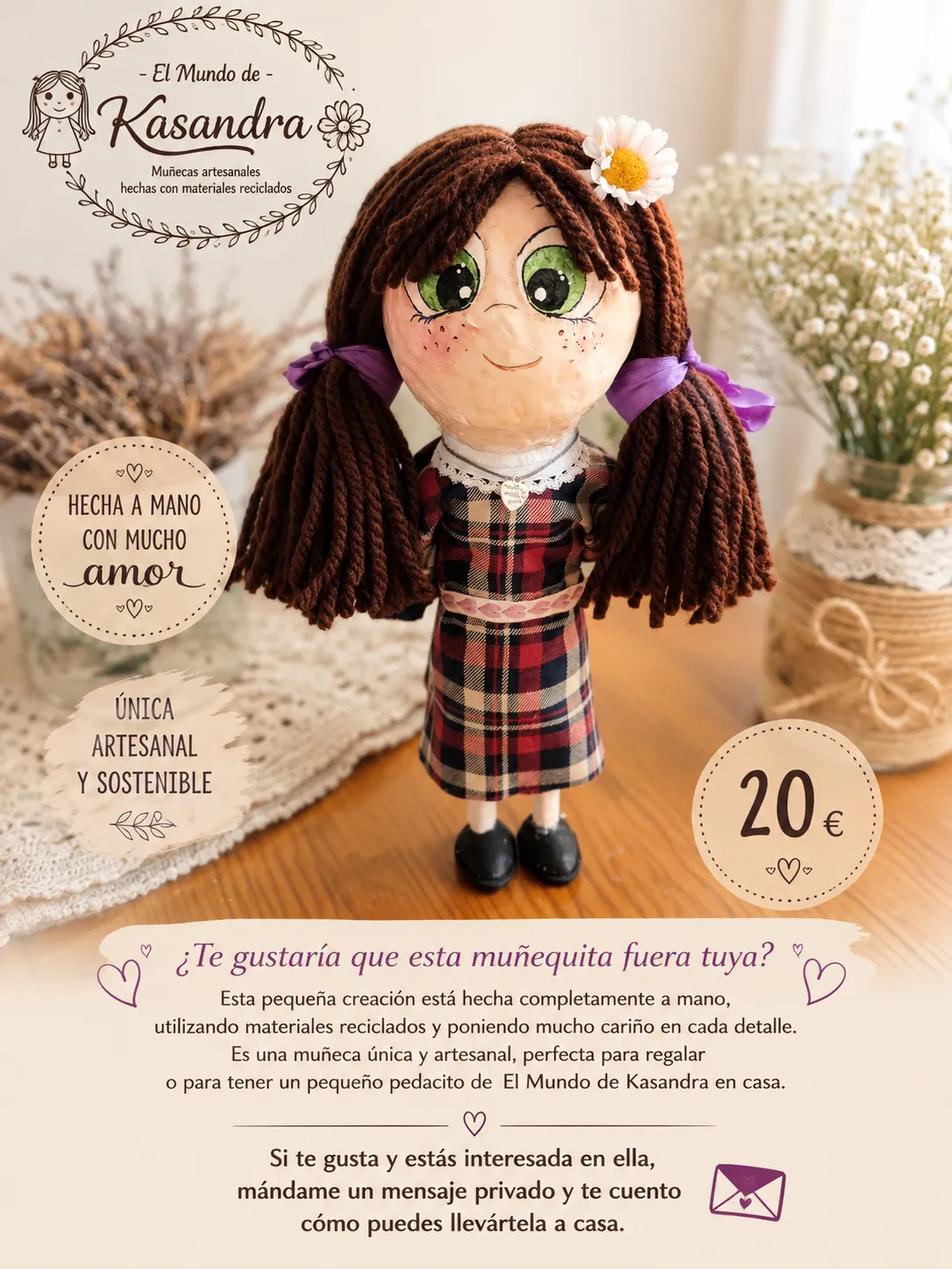 Muñeca artesanal reciclada – Muñeca morena de dos coletas