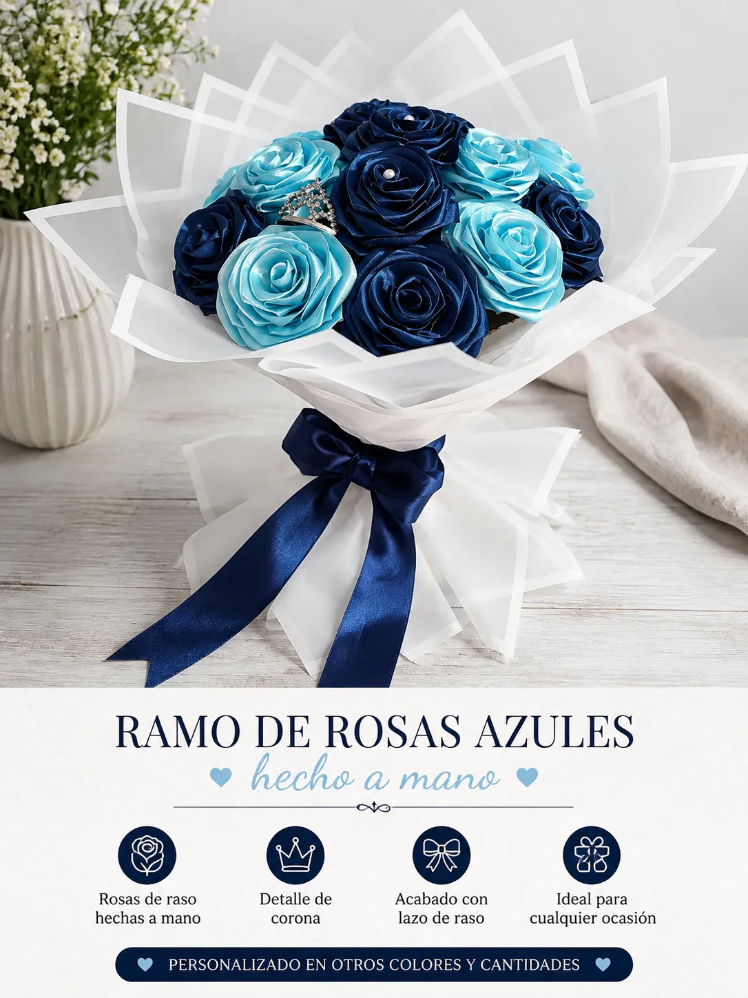 Ramo azul de rosas de raso hecho a mano 