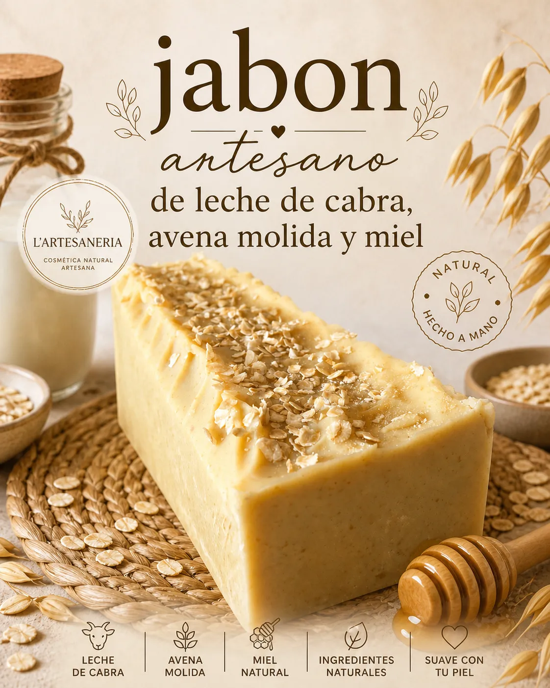 Jabón de leche de cabra, avena y miel - Imagen 2