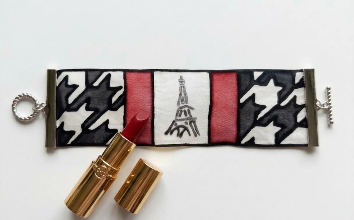 Pulsera de Seda Pintado a Mano - Diseño París y Pata de Gallo