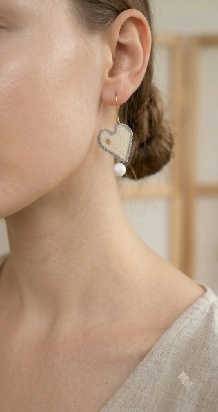 Pendientes corazón blanco con delicas miyuki - Imagen 2