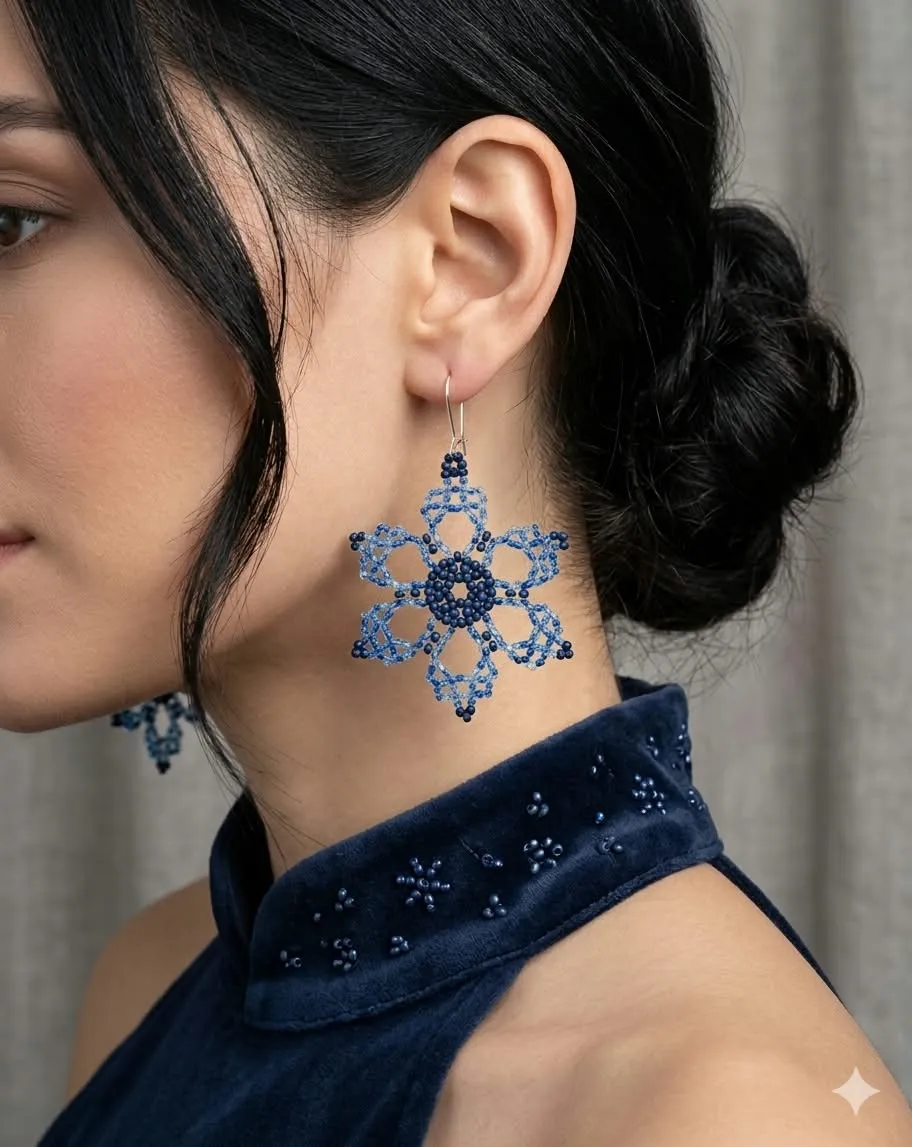 Pendientes flor azul hechos con mostacillas