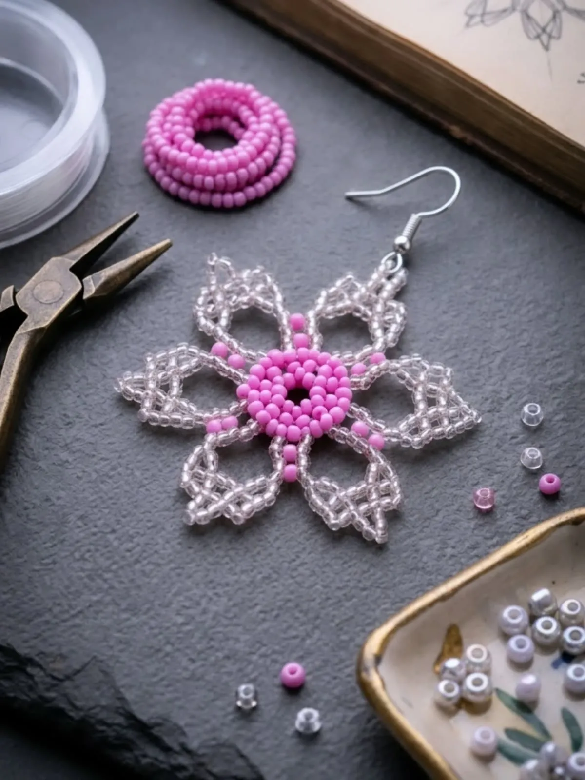 Pendientes flor rosa con mostacillas - Imagen 3