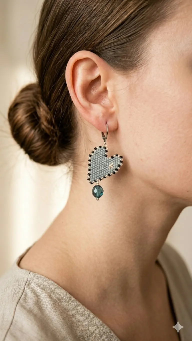 Pendientes corazón negro/gris con delicas miyuki - Imagen 2