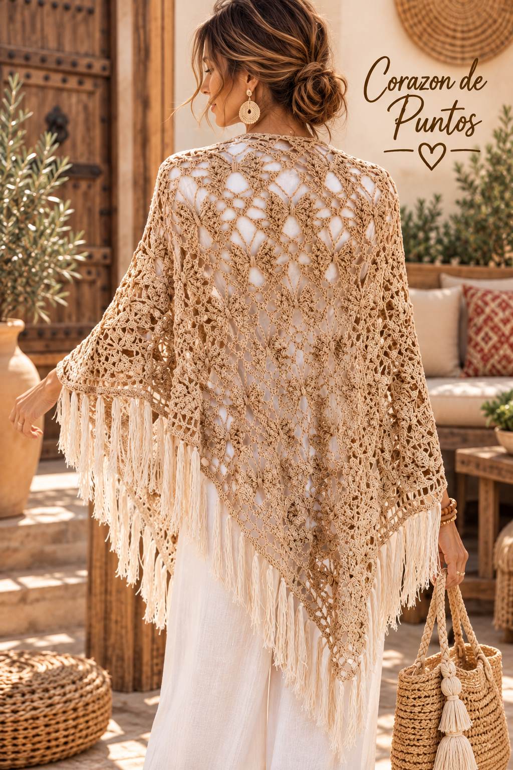 Chal triangular en tres tonos de beige, con flecos.