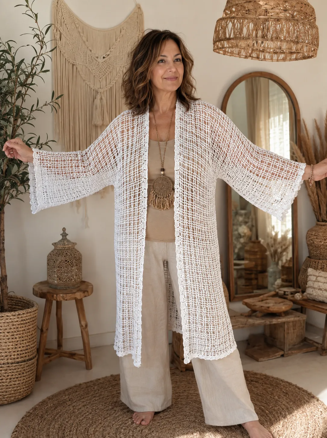 Kimono largo de crochet estilo boho-chic