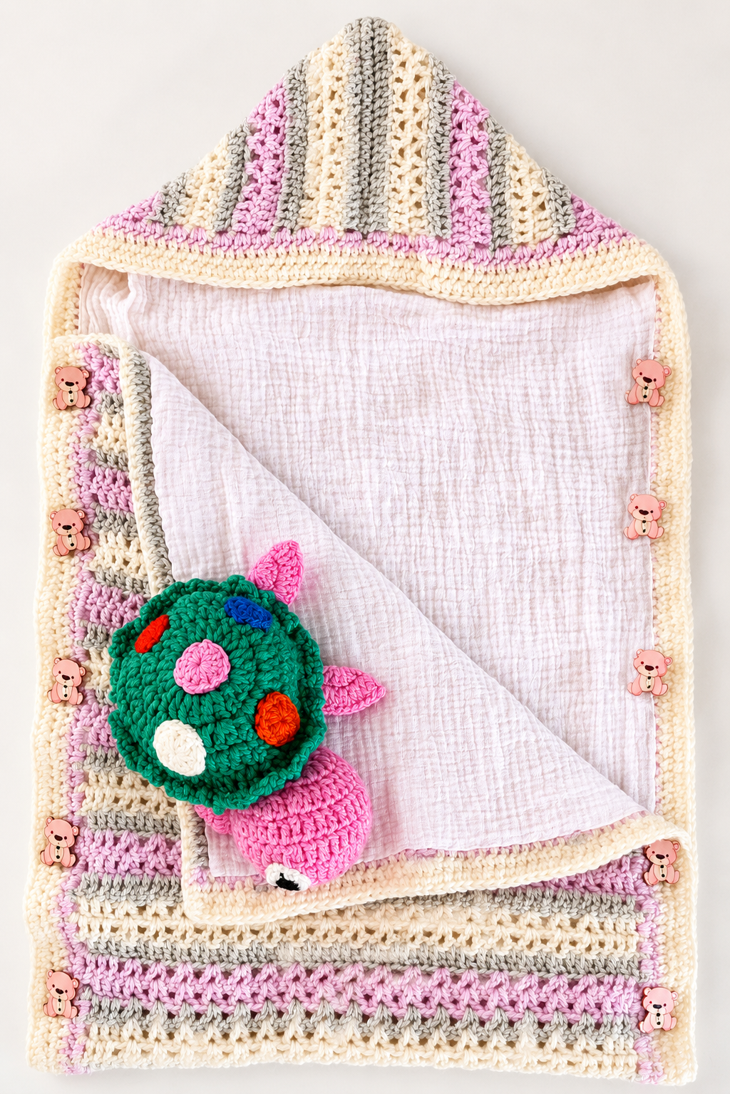 Saquito-nana de bebé, tejido a mano con muñeco de apego, color rosa - Imagen 2
