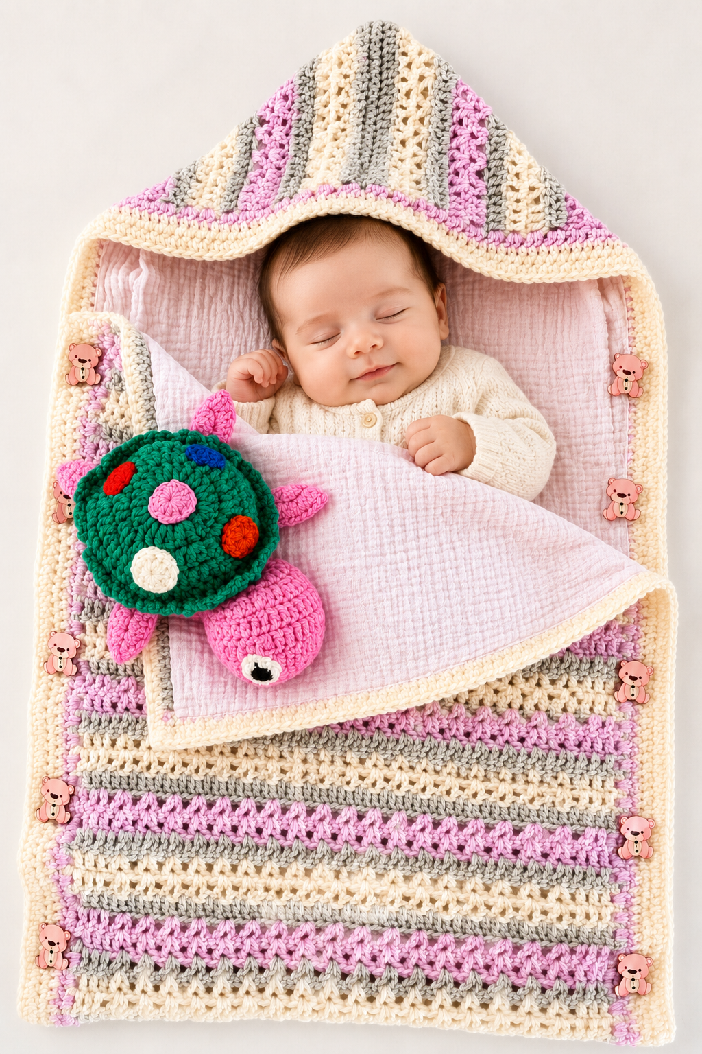 Saquito-nana de bebé, tejido a mano con muñeco de apego, color rosa