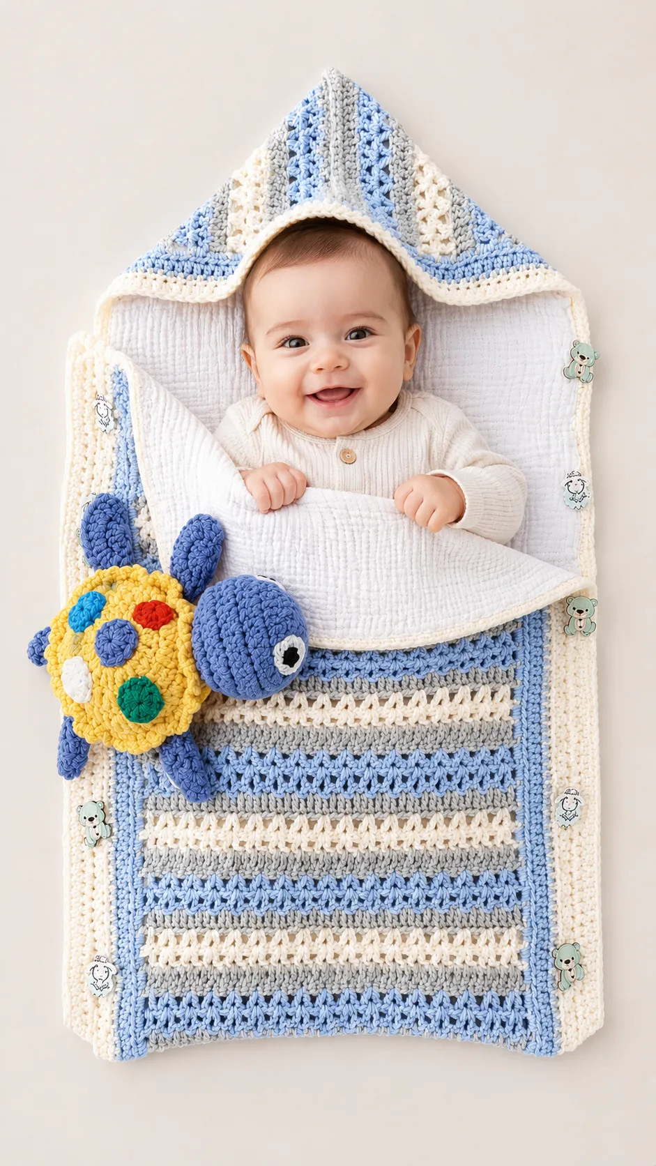 Saquito-nana de bebé, tejido a mano con muñeco de apego, en color azul